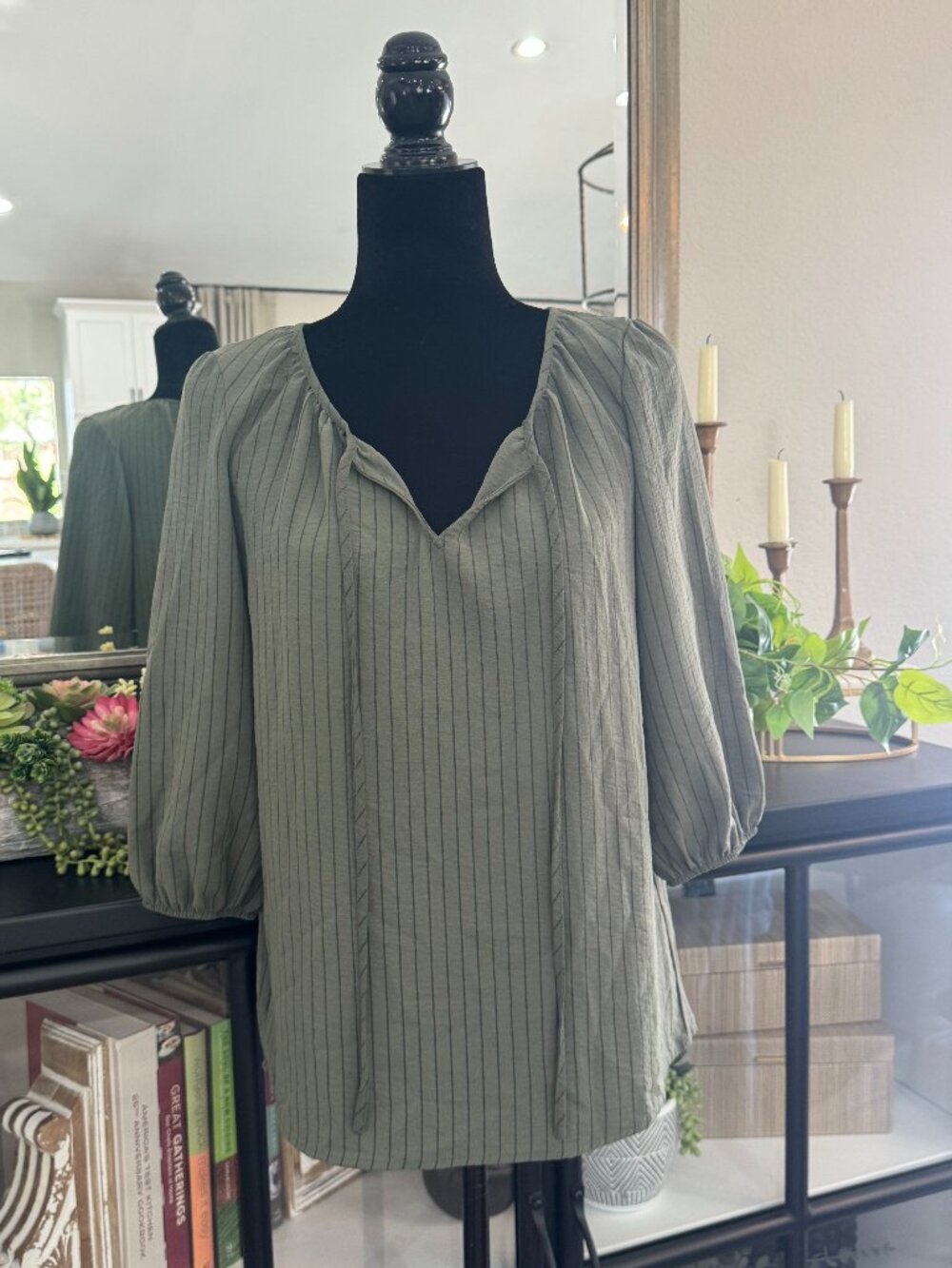 Olivia & Martin Olive & Black Striped Tie Neck 3/4 Elastic Sleeve Top - Size S